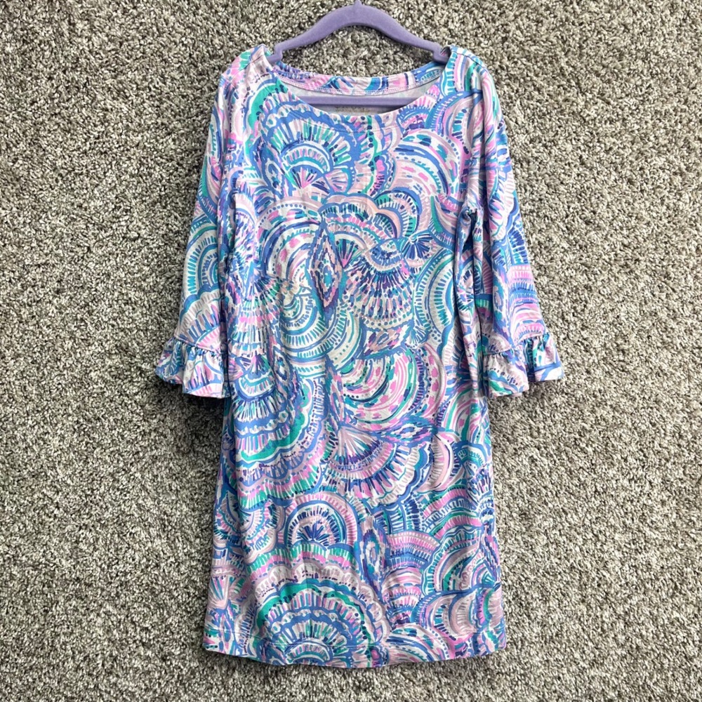 Lilly Pulitzer Dress Girls L 8-10 Sophie Blue/Pink Sea Shell Ruffle Sleeve Shift